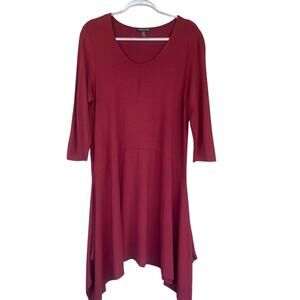 Eileen Fisher Shirt Dress Women Large Burgundy 3/4 Sleeve‎ Stretch Handkerchief
